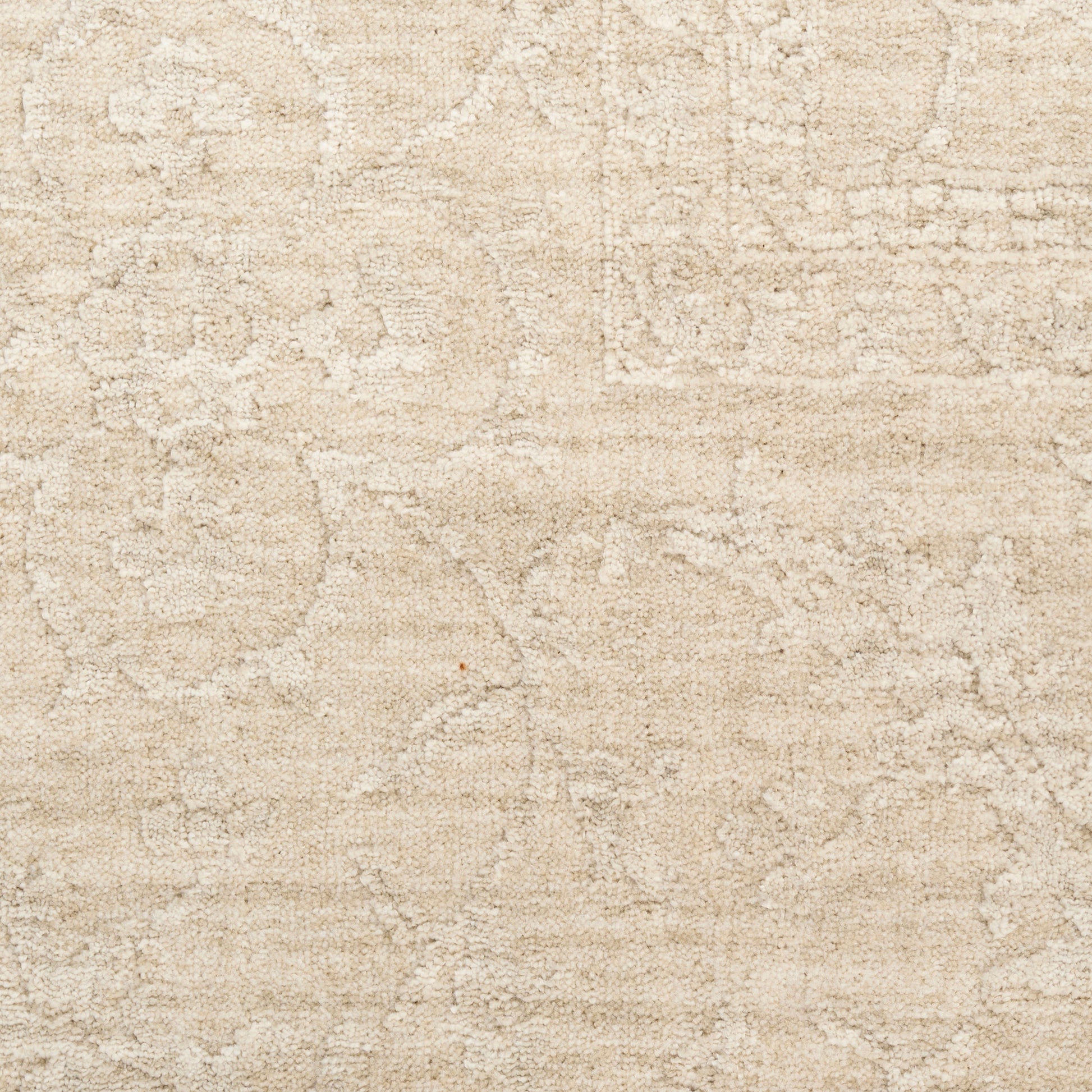 Beige patterned area rug with subtle vintage floral motif; cream and tan tones, soft textured pile.