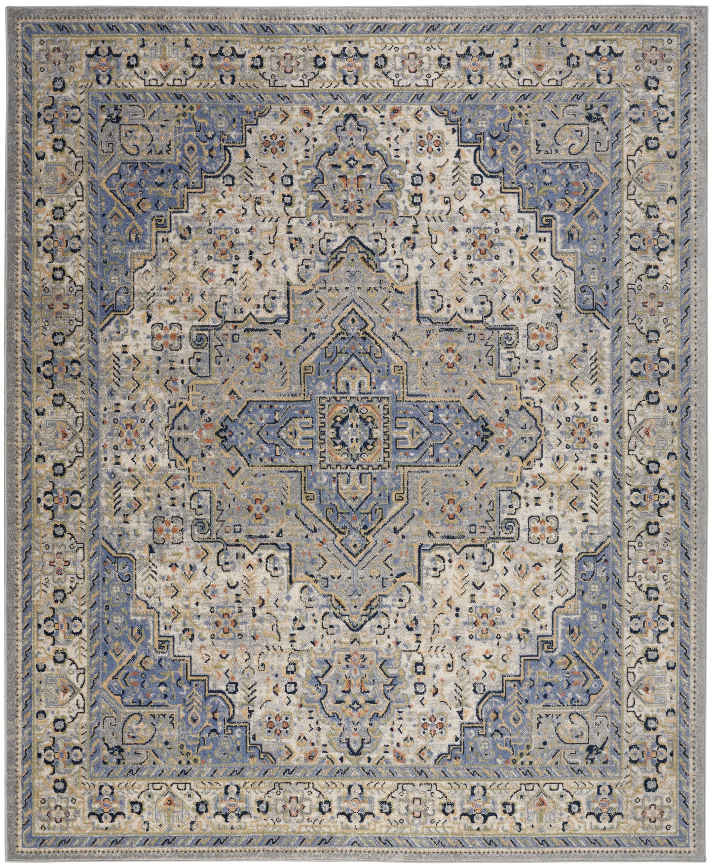 Blue and ivory Persian-style rug with central medallion, intricate floral motifs and layered borders.
