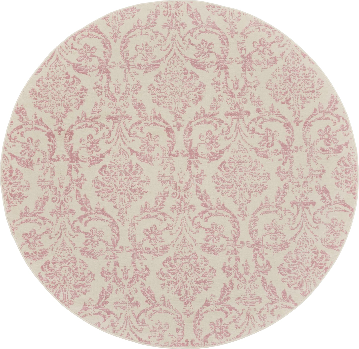 Round rug with cream background and pink damask pattern, ornate vintage floral design.