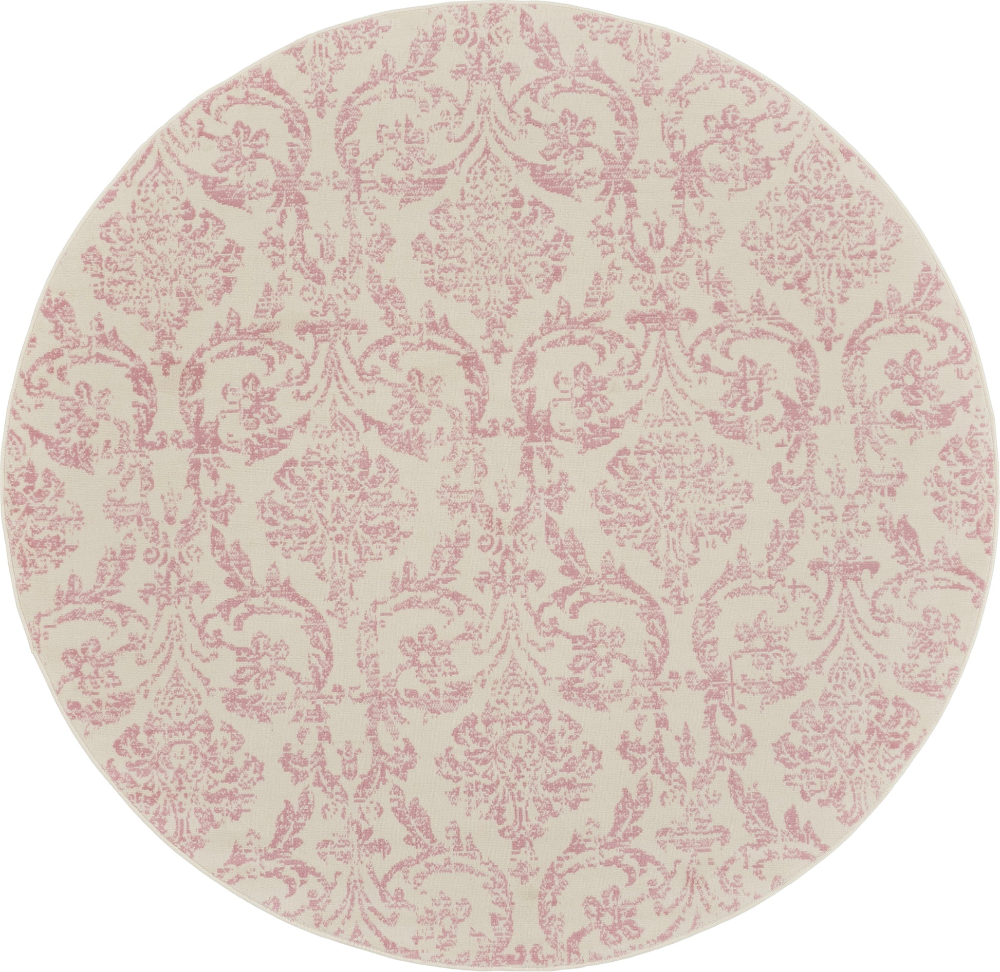 Round rug with cream background and pink damask pattern, ornate vintage floral design.