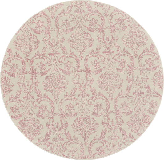 Round rug with cream background and pink damask pattern, ornate vintage floral design.