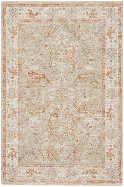 Beige distressed Persian-style area rug with ivory background, central medallion, peach accents, and ornate floral border.
