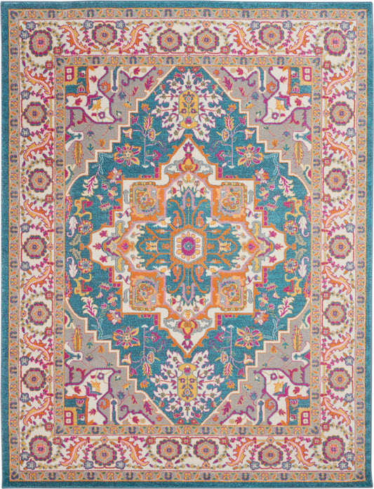 Vibrant Persian-inspired area rug with teal, pink and orange florals and an ornate border.