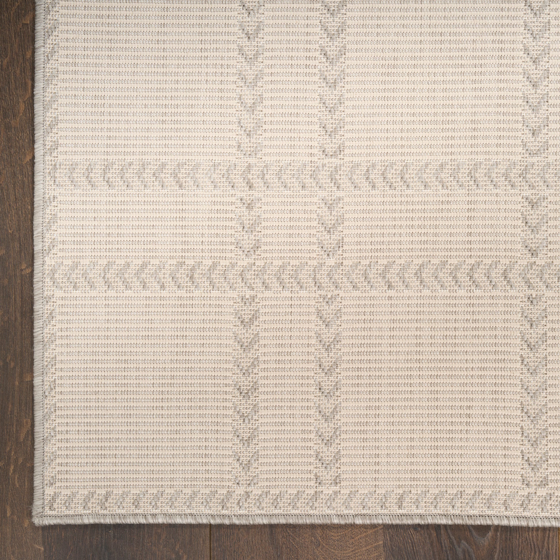 Beige woven area rug with a subtle grid pattern and braided border on dark wood floor.