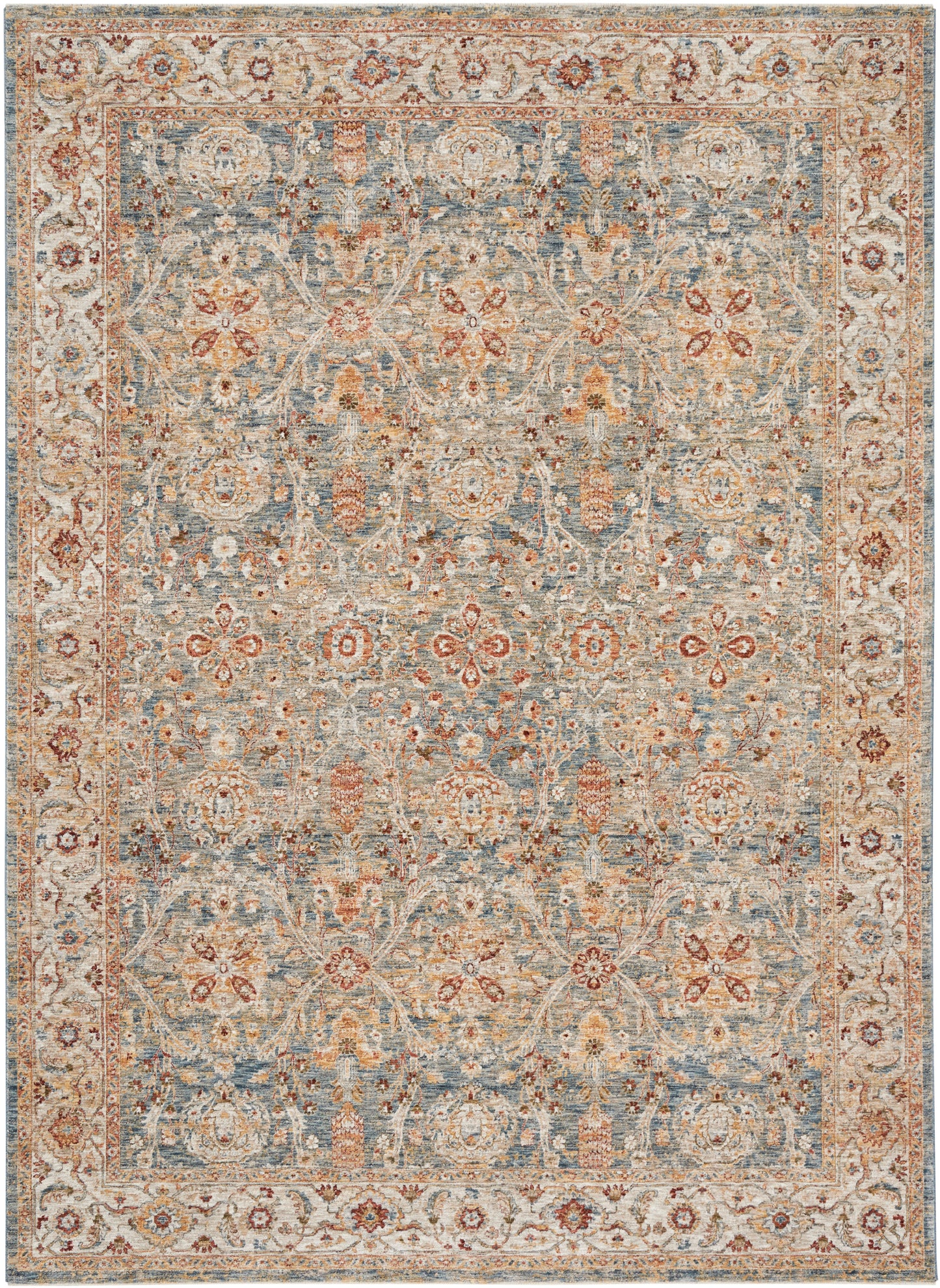 Vintage-style oriental rug with dusty blue field, ivory and rust floral vines, and ornate border.