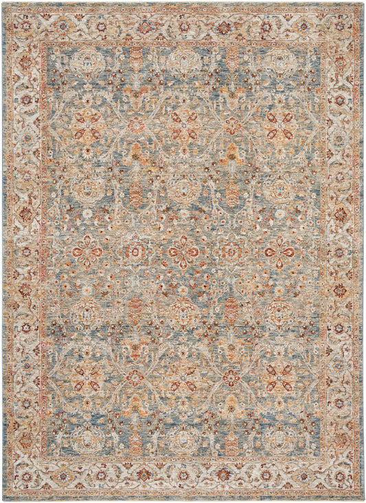 Vintage-style oriental rug with dusty blue field, ivory and rust floral vines, and ornate border.