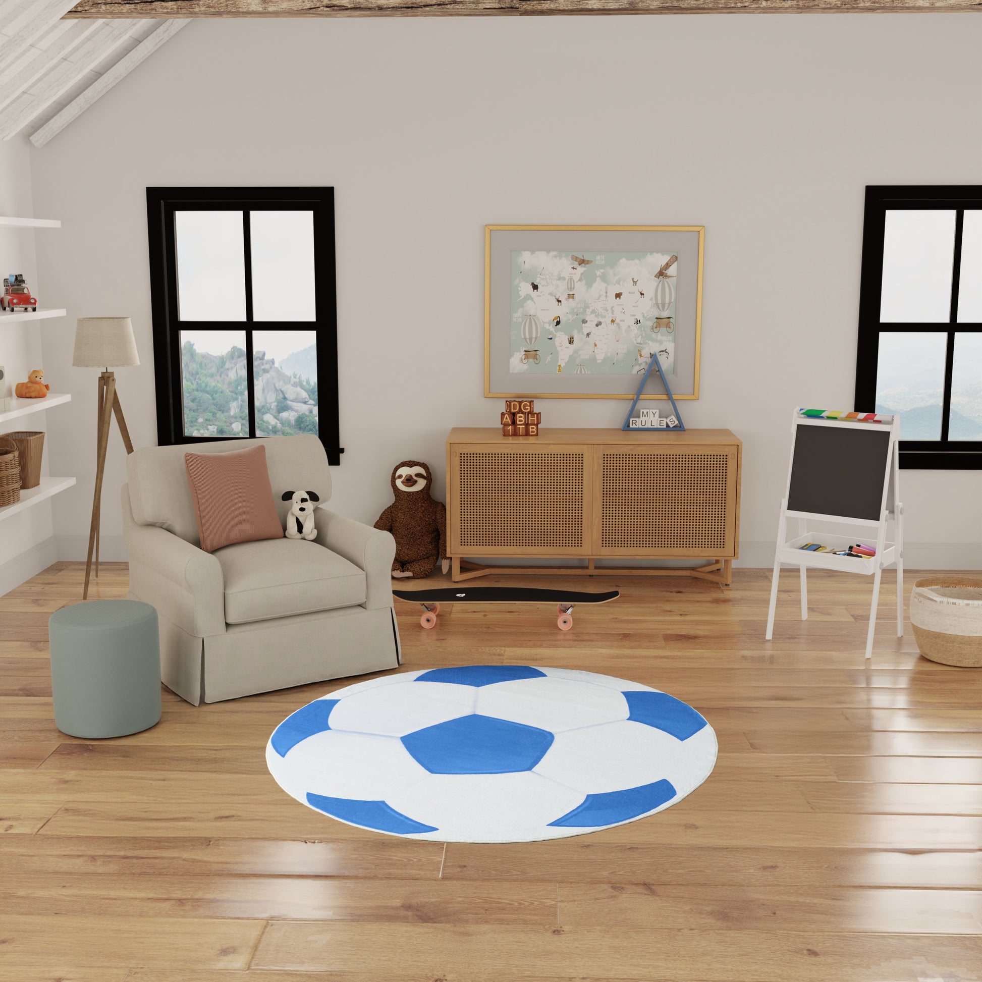 5' round kids' rug with blue-and-white soccer-ball design on a wooden floor in a cozy playroom.