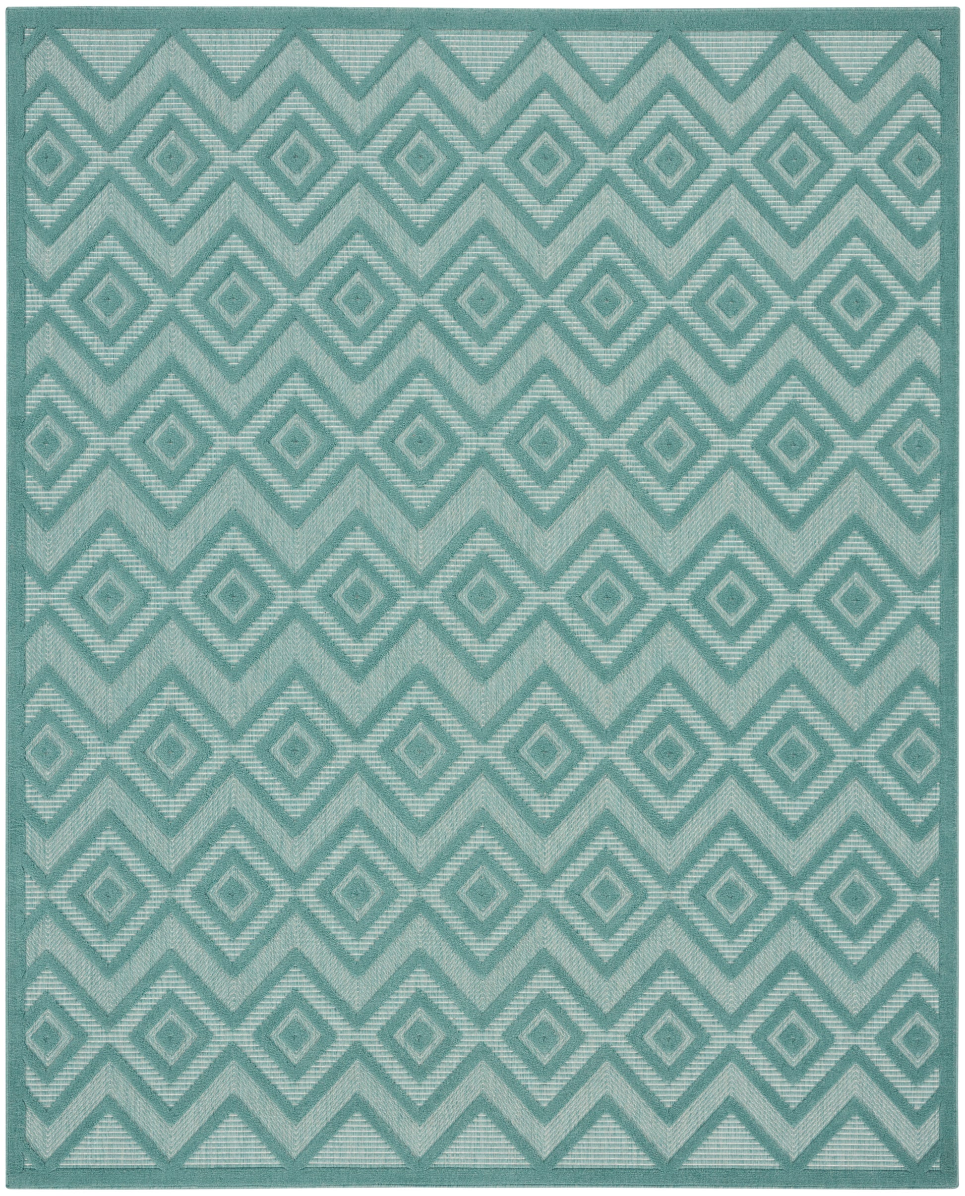 Rectangular teal rug with geometric diamond and chevron pattern, textured weave for contemporary coastal decor.