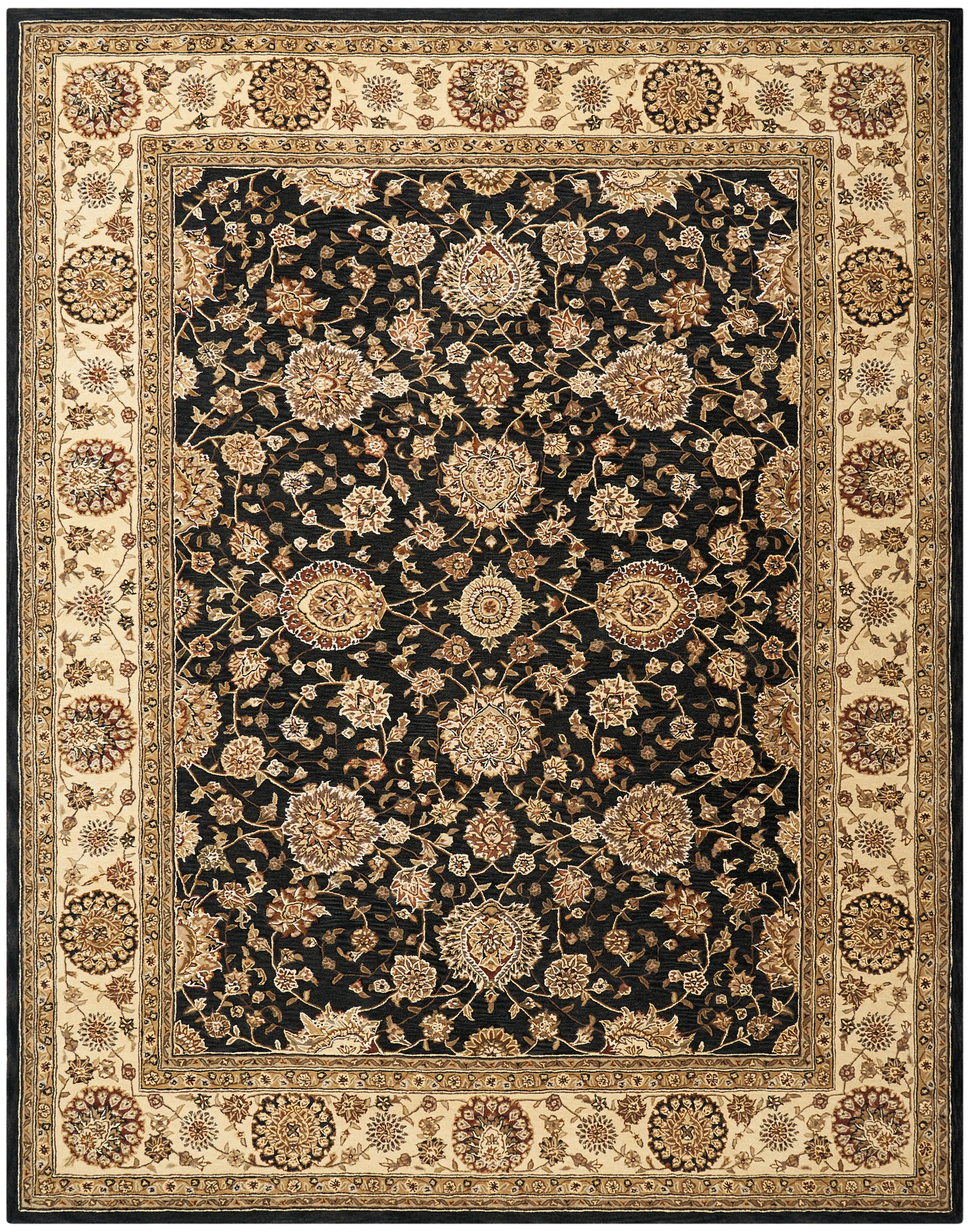 Persian-style oriental rug with black central field, gold-beige floral motifs, and ornate cream border.