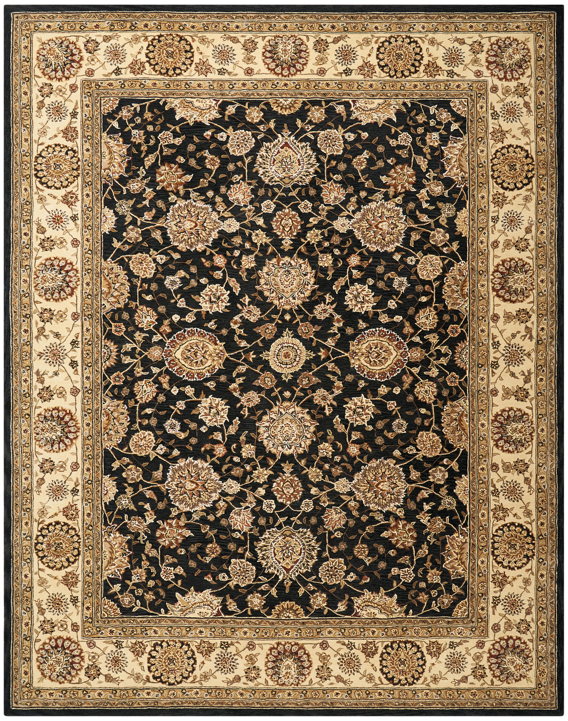 Persian-style oriental rug with black central field, gold-beige floral motifs, and ornate cream border.