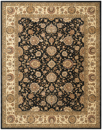Persian-style oriental rug with black central field, gold-beige floral motifs, and ornate cream border.