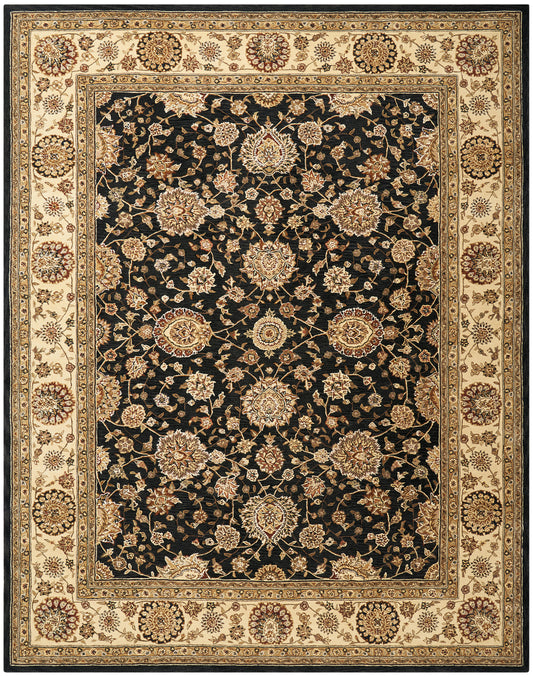Persian-style oriental rug with black central field, gold-beige floral motifs, and ornate cream border.