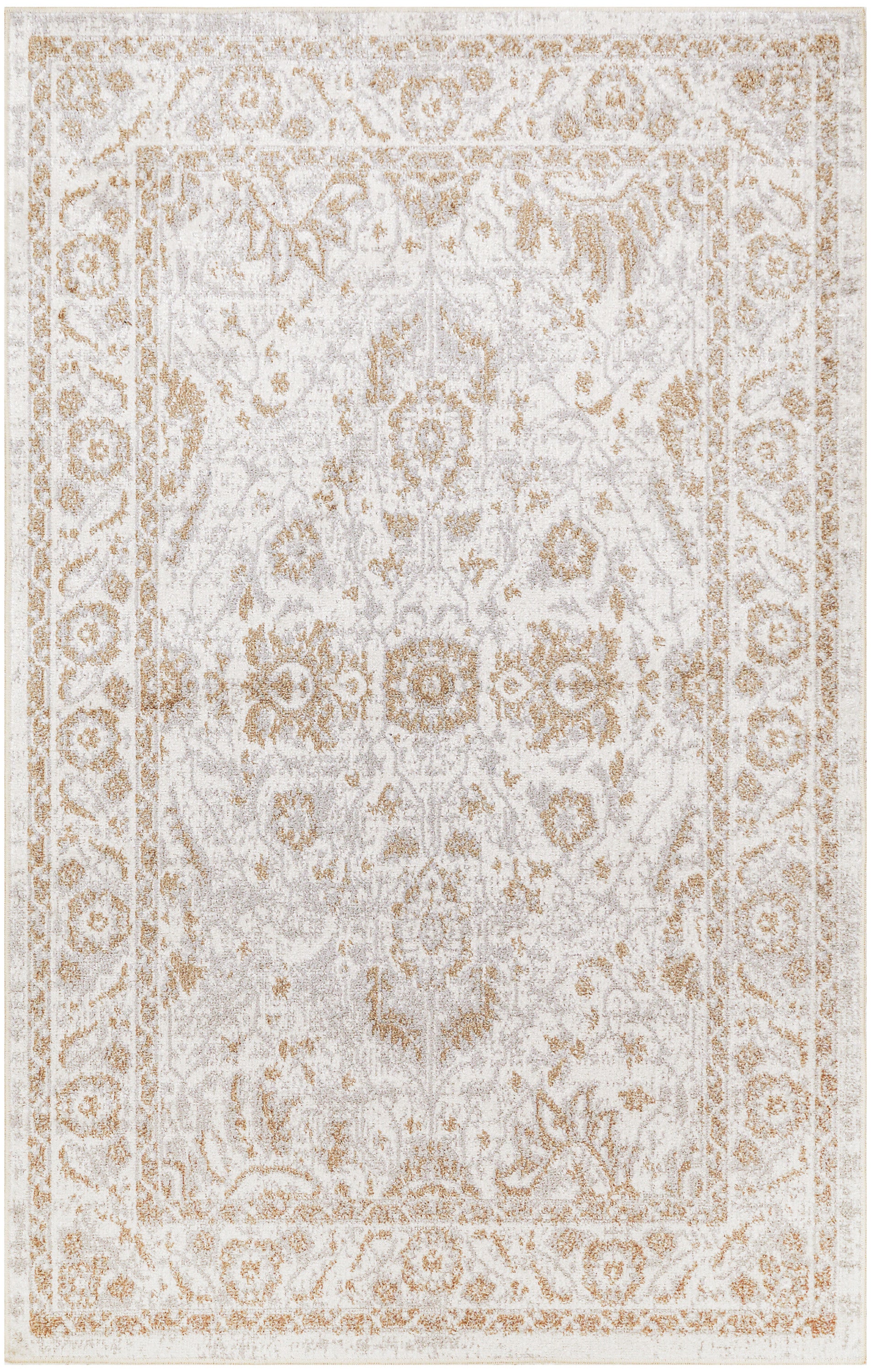 Ivory & beige Persian-style rug with gold-toned floral pattern & central medallion; rectangular living room area rug.
