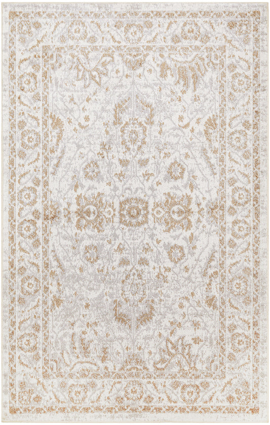 Ivory & beige Persian-style rug with gold-toned floral pattern & central medallion; rectangular living room area rug.