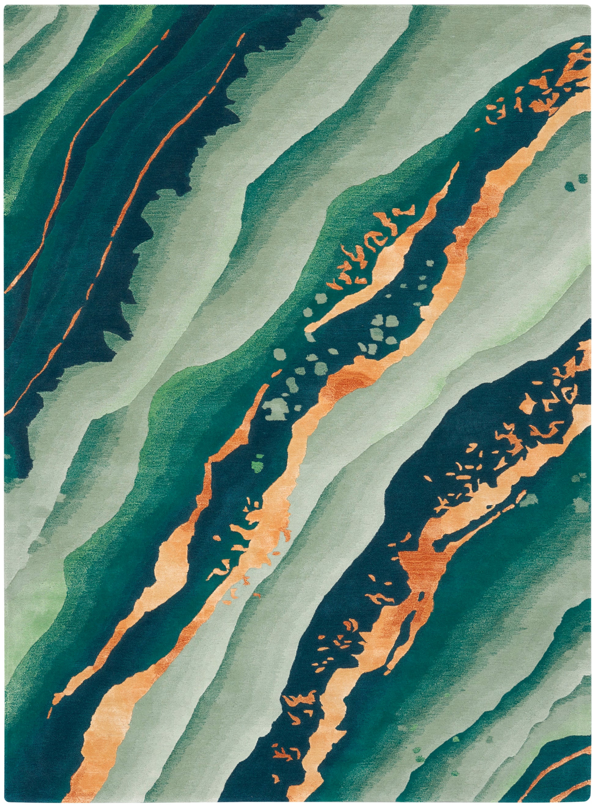 Abstract teal, green and navy wavy stripes with copper-orange accents; bold modern rug.