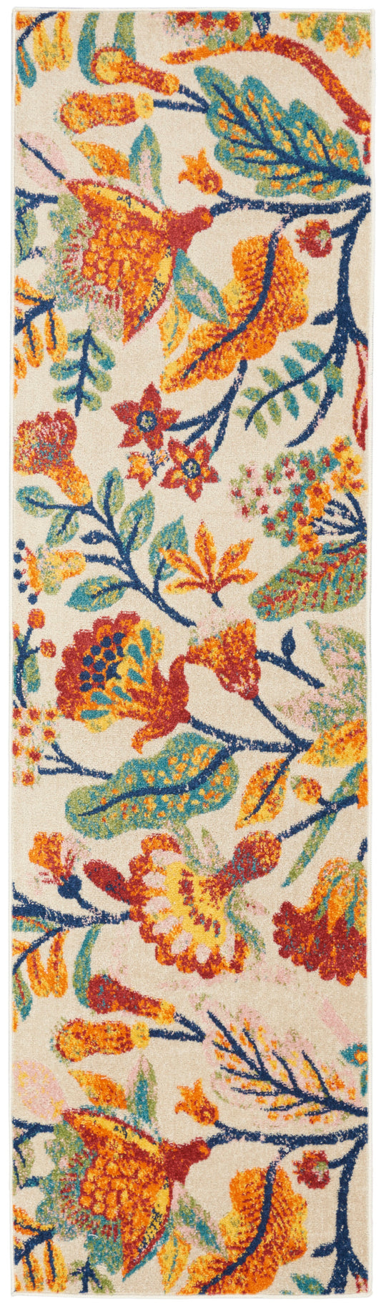 Vibrant scarf fabric with orange birds, colorful blue-green leaves, and yellow flowers on a cream background.