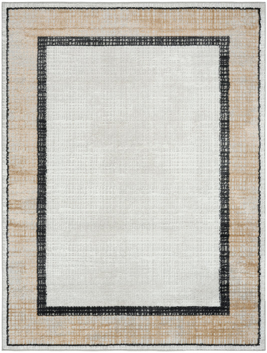 Flat-weave rectangular area rug with cream center, black inner border and beige outer border.