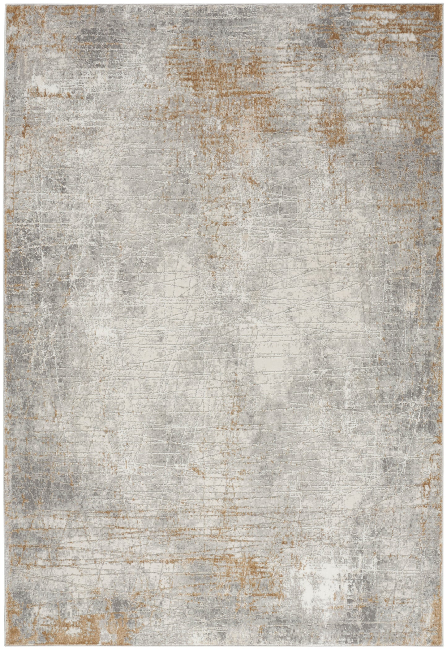 Rectangular distressed gray rug with ivory and antique gold tones, vintage-worn texture.