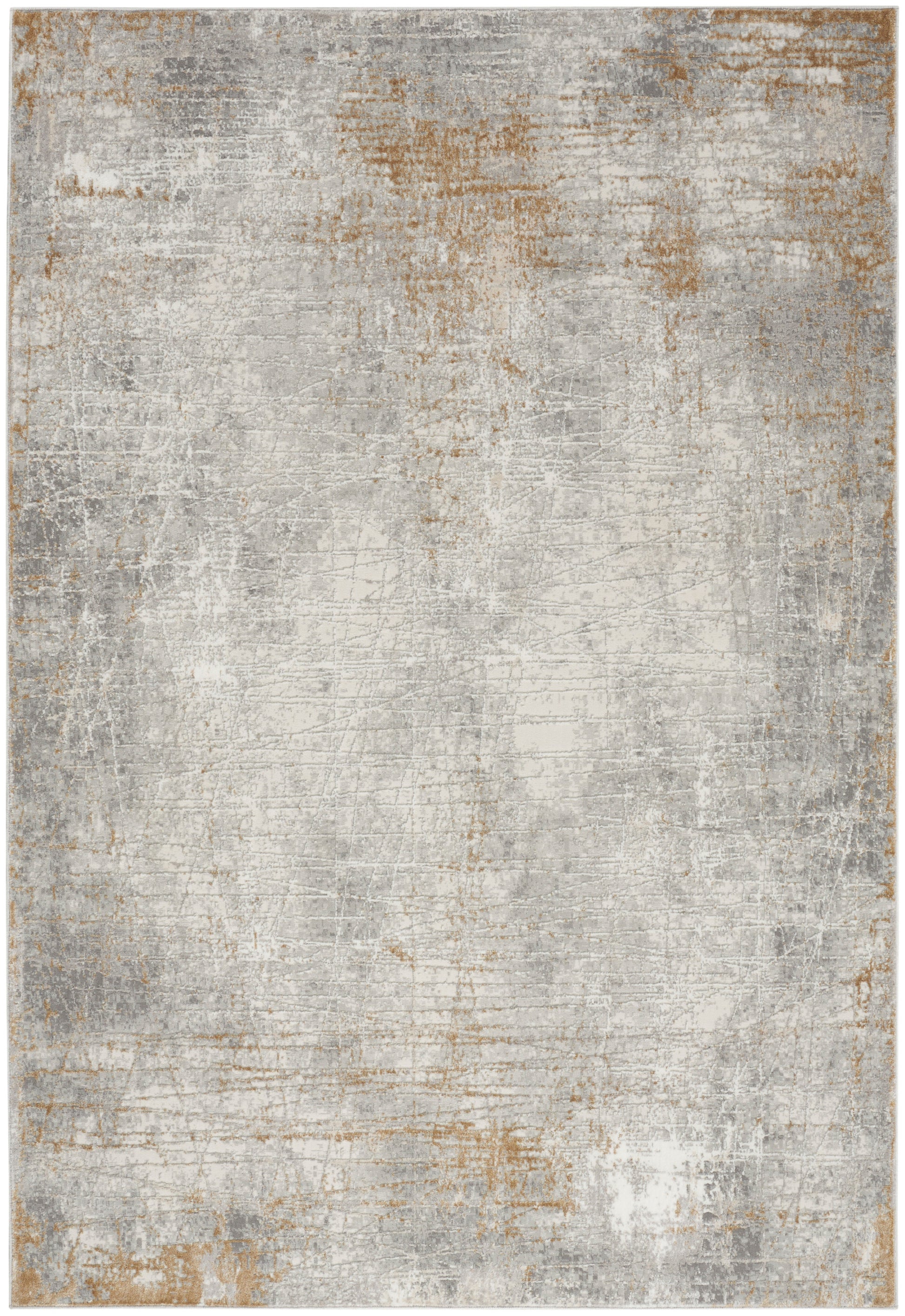 Rectangular distressed gray rug with ivory and antique gold tones, vintage-worn texture.