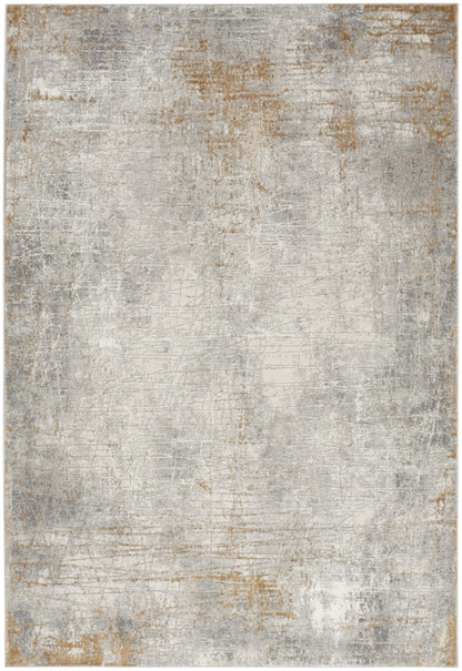 Rectangular distressed gray rug with ivory and antique gold tones, vintage-worn texture.