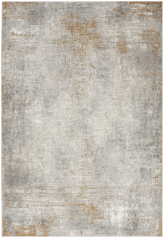 Rectangular distressed gray rug with ivory and antique gold tones, vintage-worn texture.