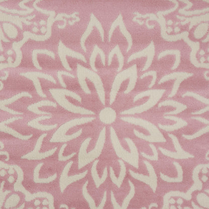 Soft pink textile with white mandala floral motif, decorative fabric suitable for throw blankets or cushions.
