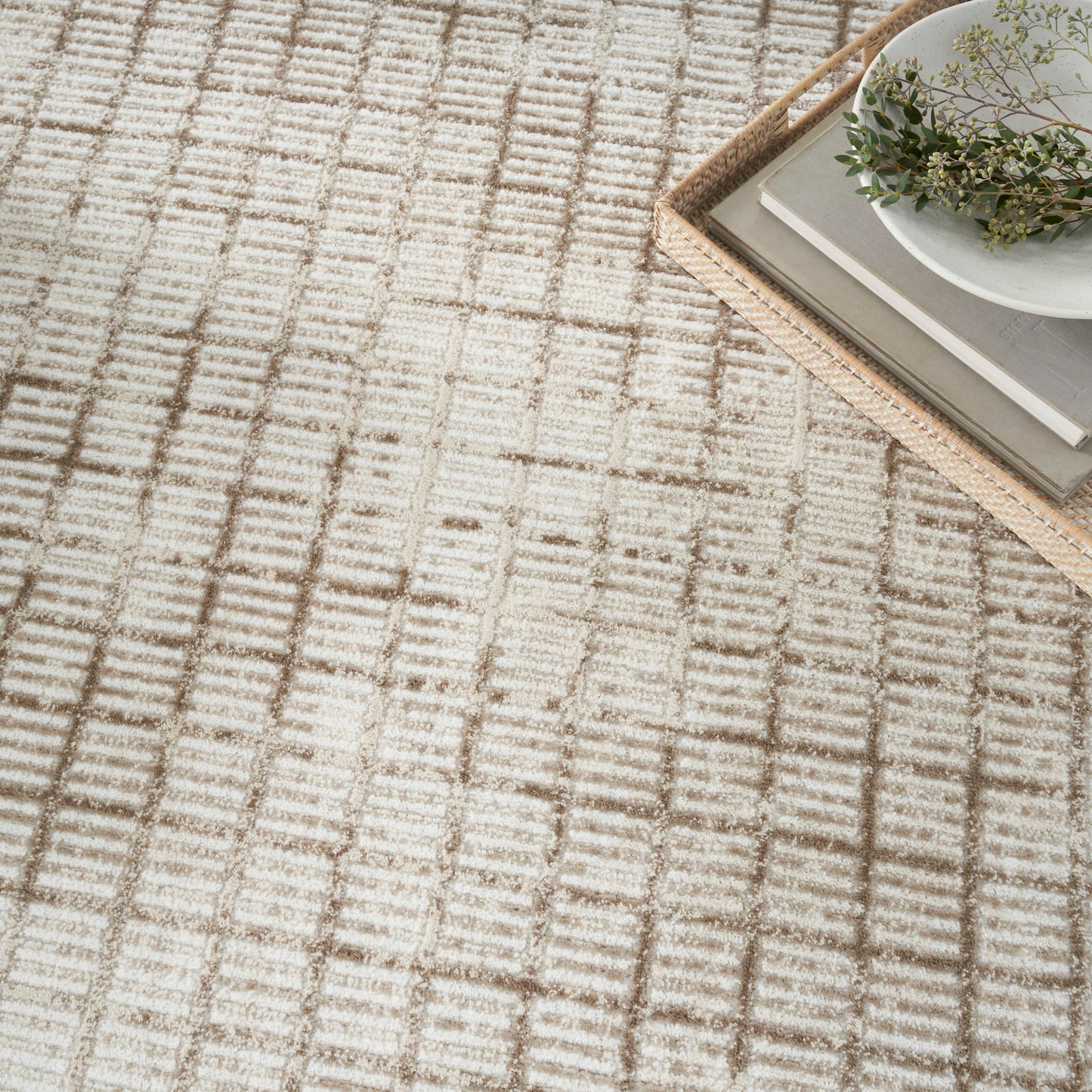 Beige cream grid-pattern rug with a woven tray in the top-right corner, stacked books and a white plate with greenery.