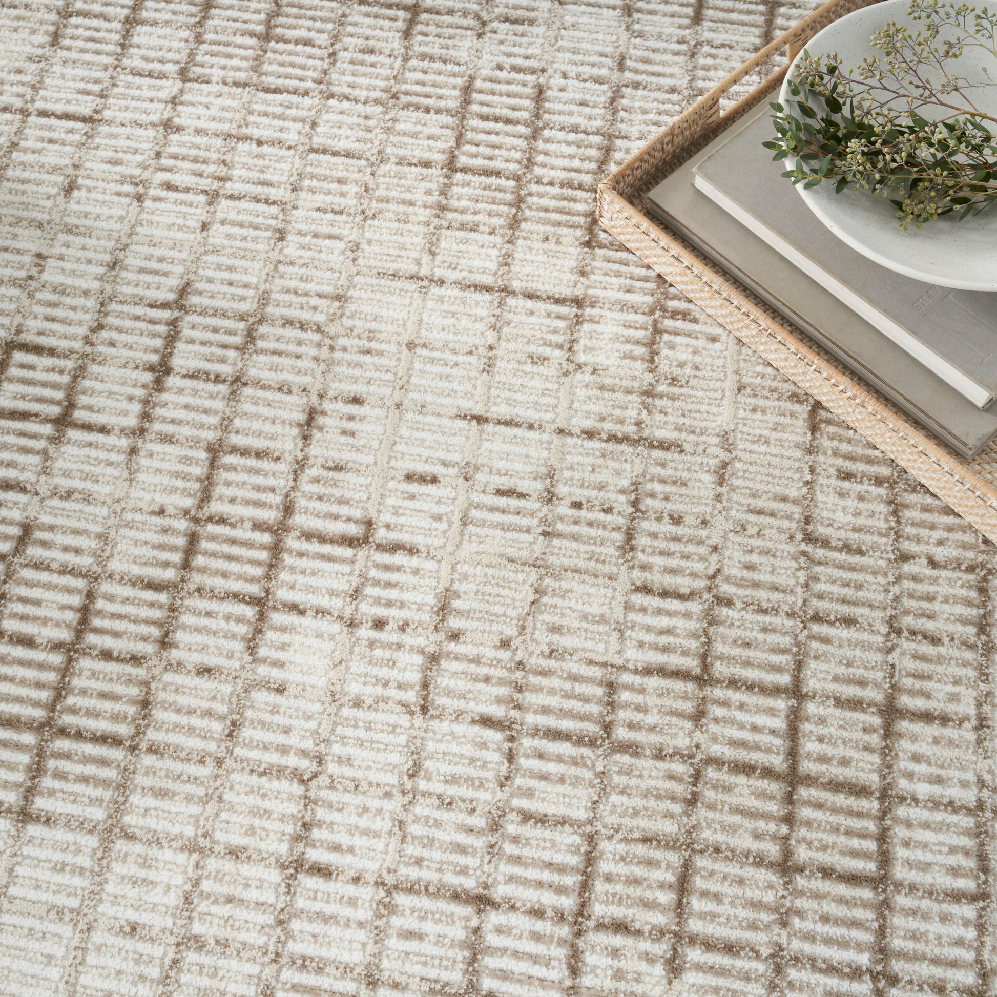 Beige cream grid-pattern rug with a woven tray in the top-right corner, stacked books and a white plate with greenery.