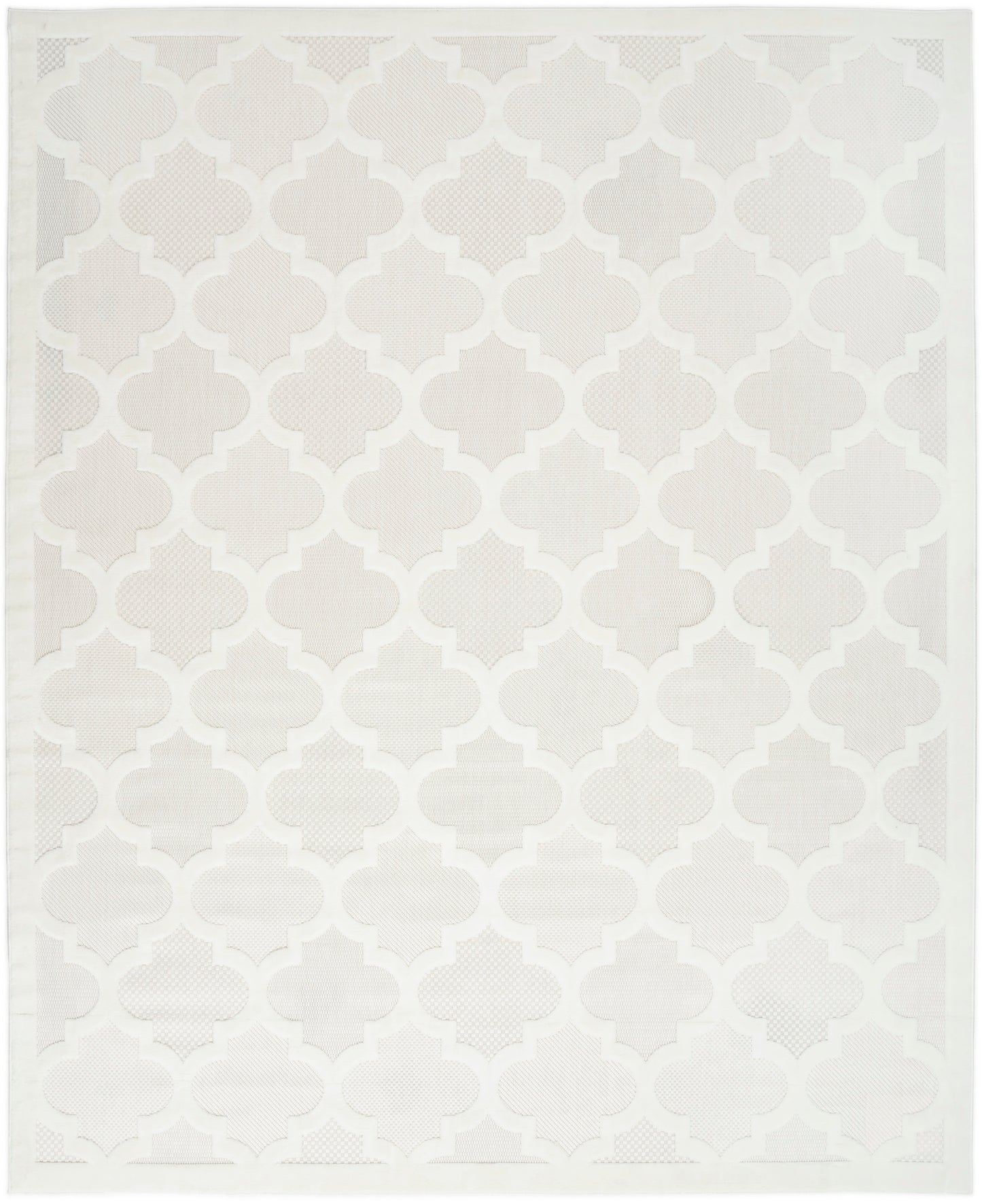 Rectangular neutral-toned flat-weave area rug with light gray quatrefoil lattice pattern.