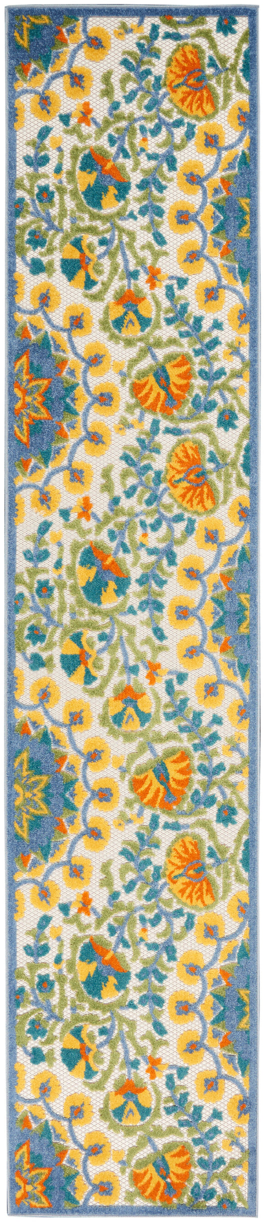 Long runner rug with blue border and vivid yellow, orange and teal floral vines on ivory background