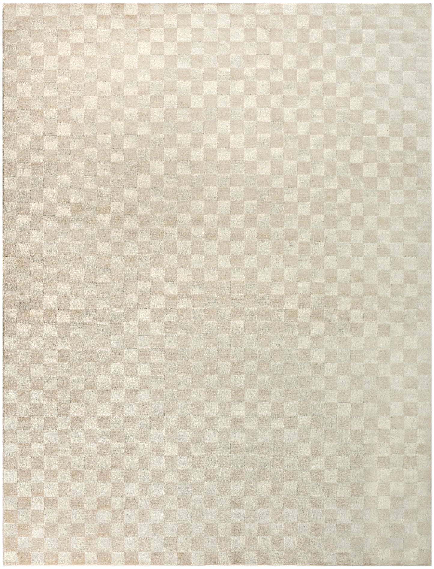 Beige cream checkerboard rug with subtle woven texture, rectangular.