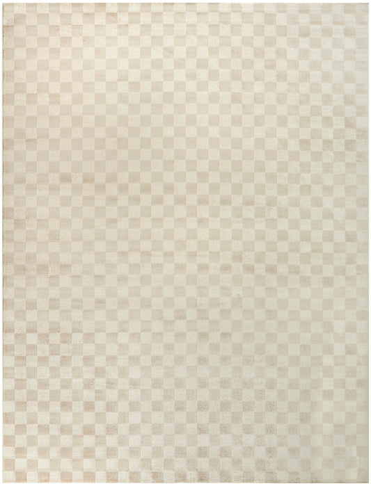 Beige cream checkerboard rug with subtle woven texture, rectangular.
