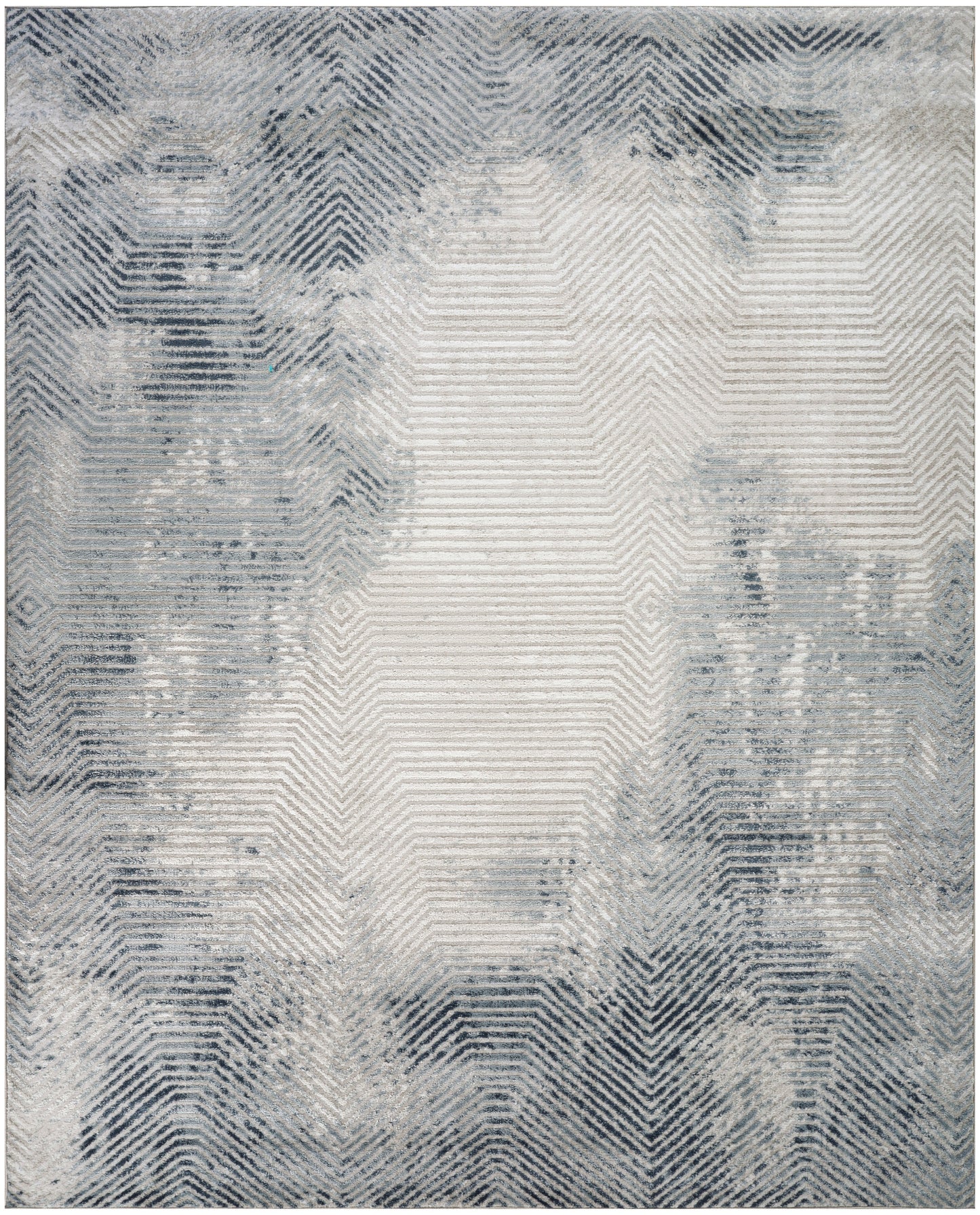 Blue-gray abstract area rug with a faded chevron/herringbone pattern & soft washed texture.