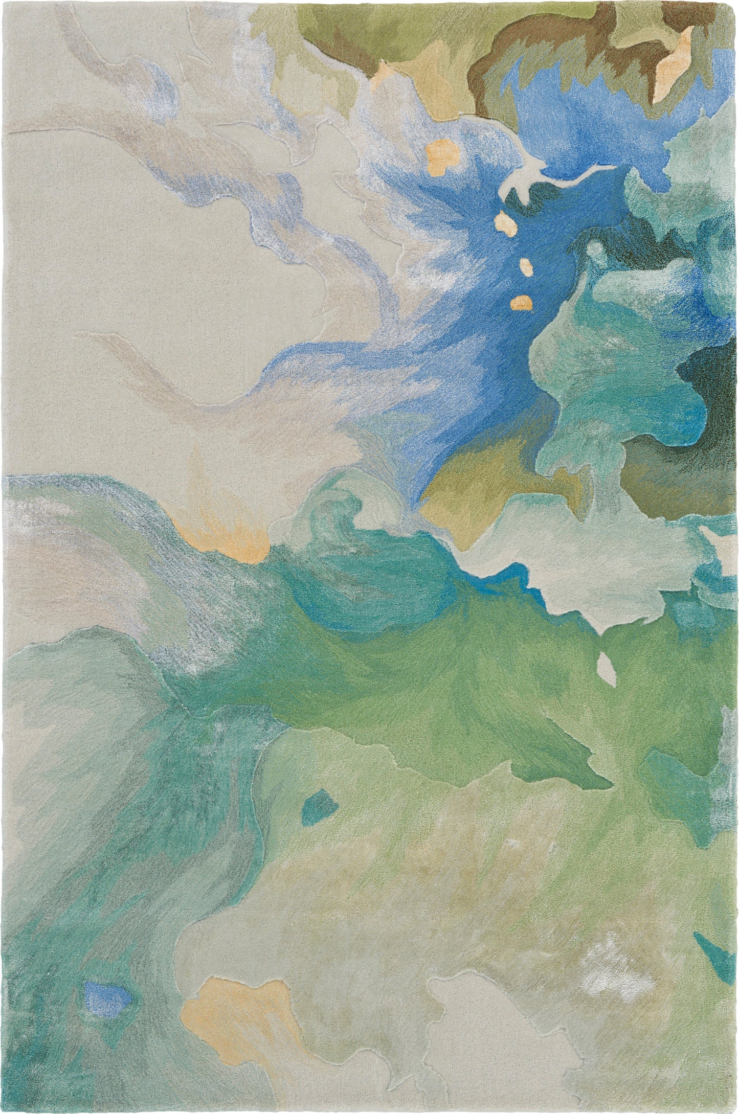 Abstract area rug with watercolor-style swirls in blues, greens, and beige; soft, decorative floor covering.