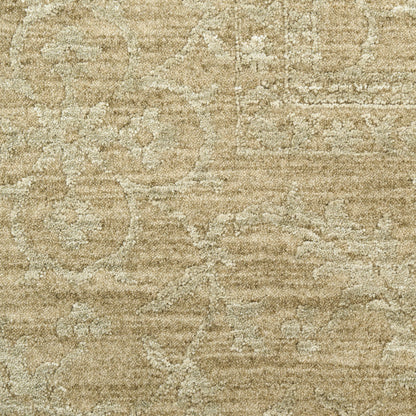 Beige oriental patterned area rug with cream floral motifs and distressed texture.