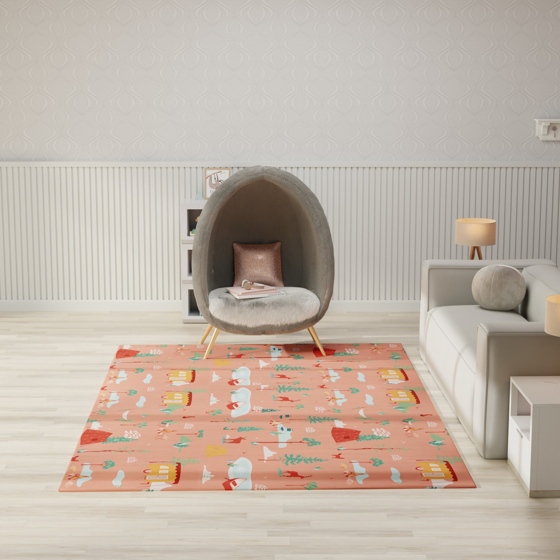 Gray oval pod chair with pink cushion on a peach rug featuring white animals and colorful houses in a modern living room.