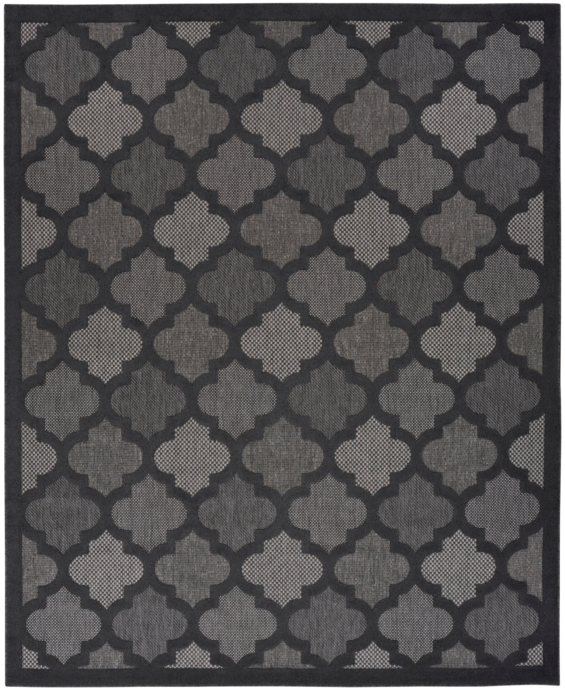 Dark gray & black geometric quattrofoil trellis rug with a textured woven pattern & border