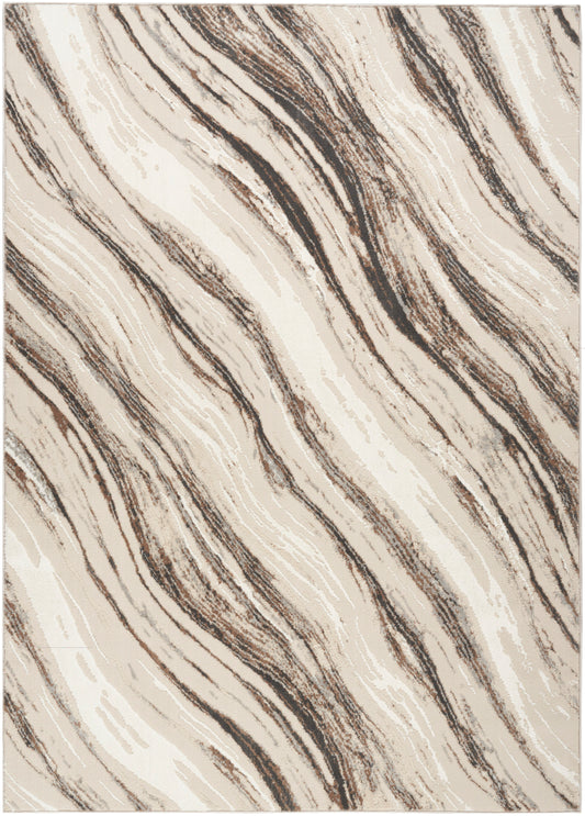 Neutral beige area rug with cream and brown wavy, marble-like stripes; abstract floor decor.