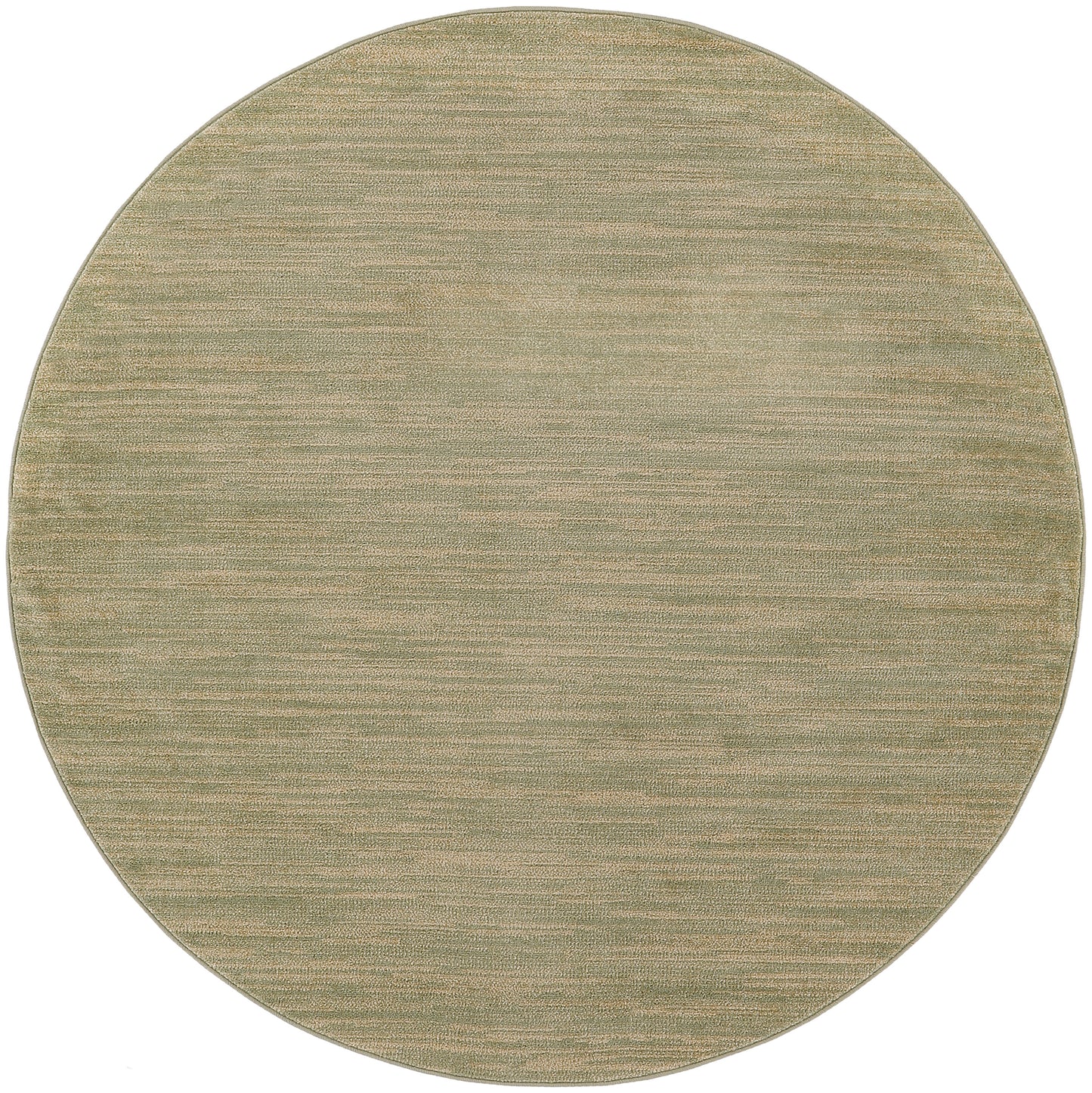 Round olive-beige outdoor rug with subtle horizontal woven texture and soft, everyday style.