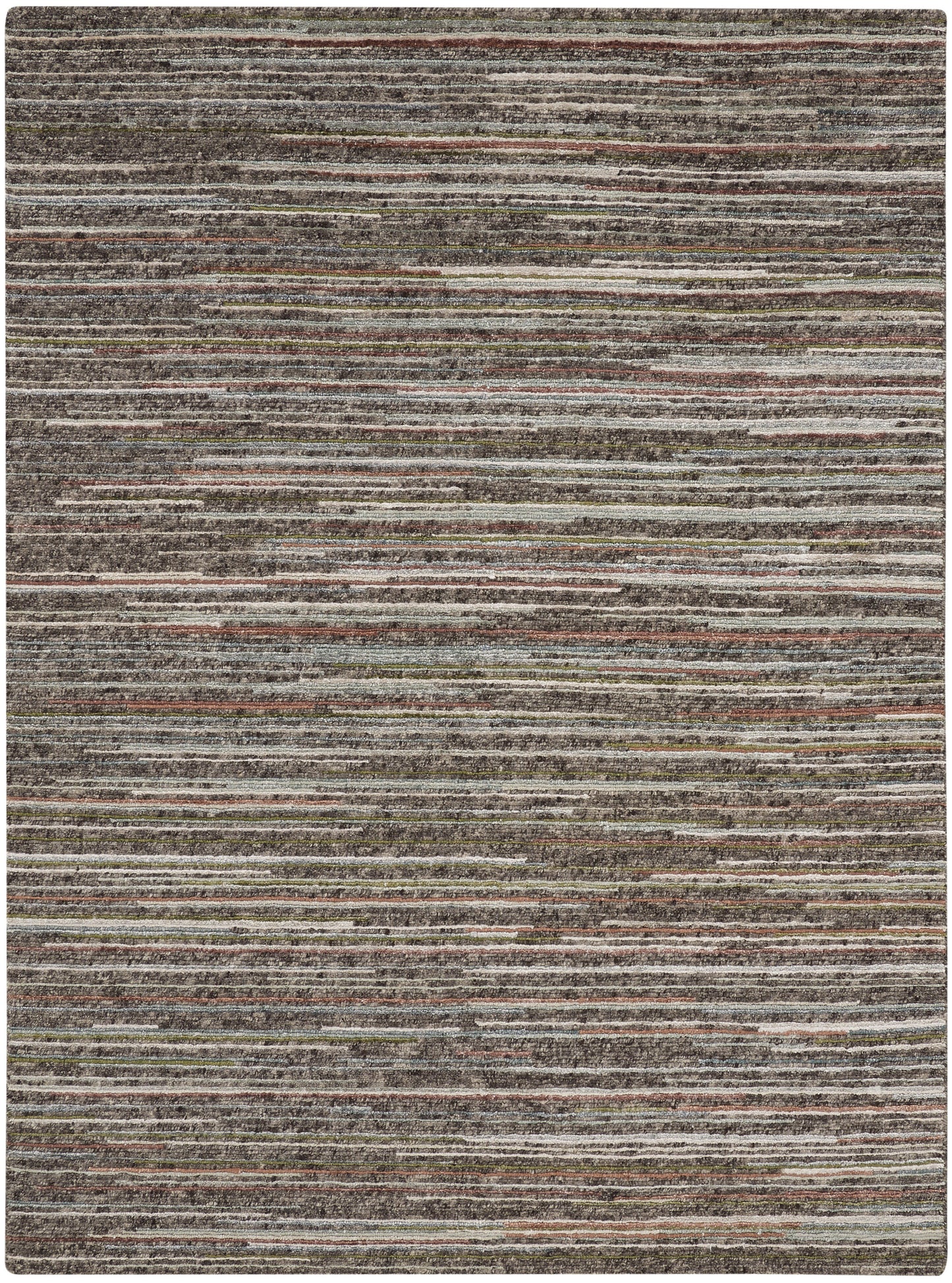 Rectangular flat-weave area rug with narrow horizontal stripes in earthy browns, greys and rusts.