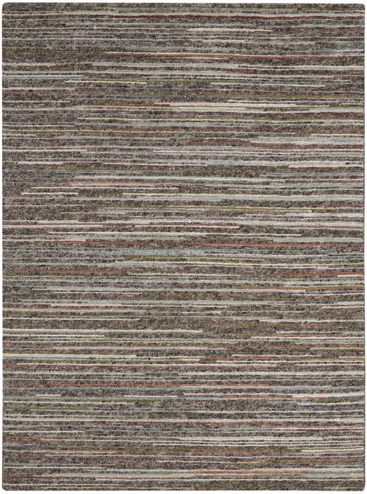 Rectangular flat-weave area rug with narrow horizontal stripes in earthy browns, greys and rusts.