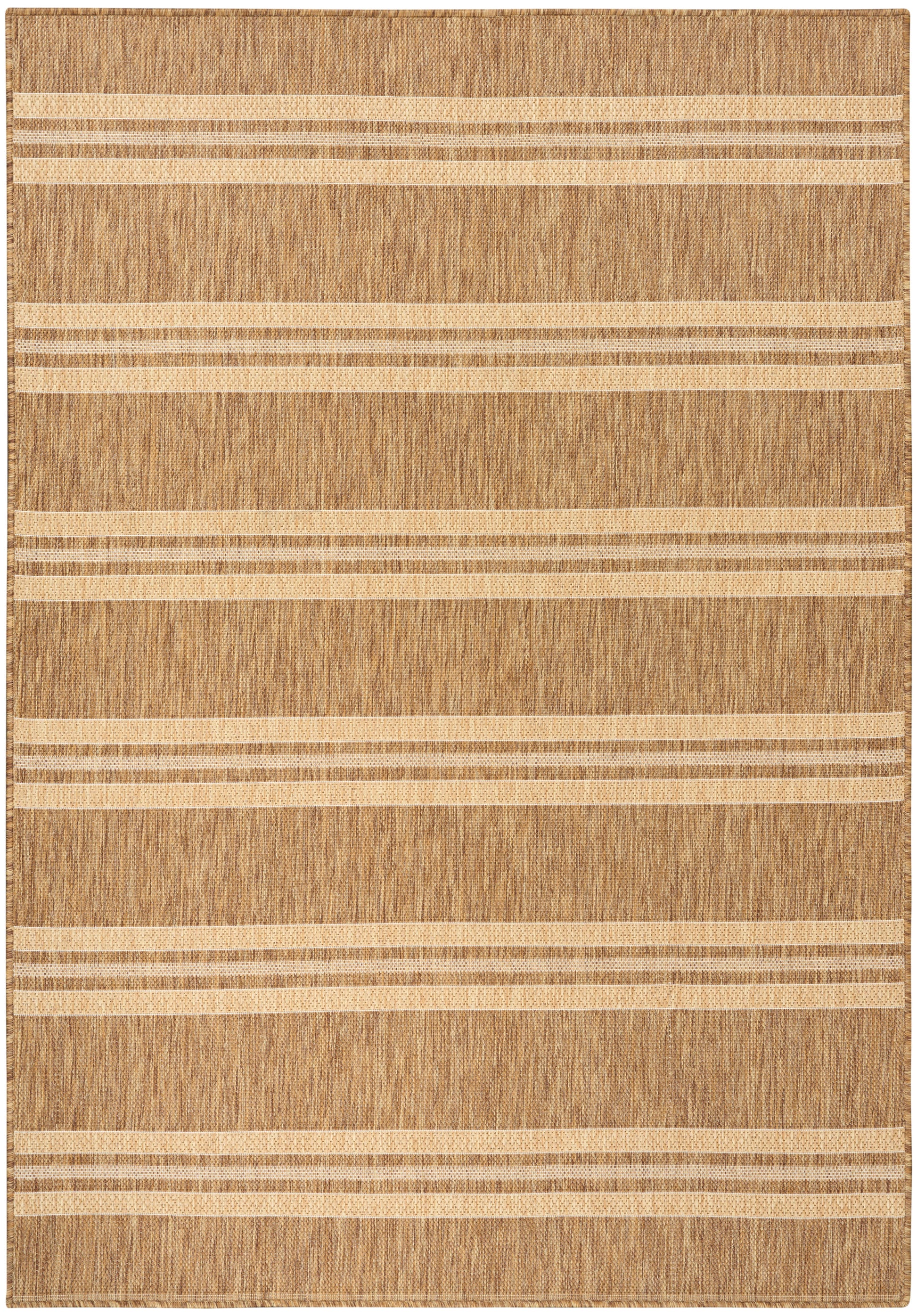 Natural brown jute rug with beige horizontal stripes, flat-weave, rustic style for living room or hallway.
