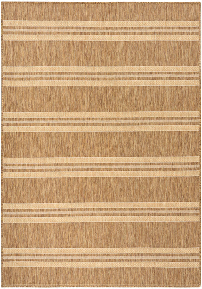 Natural brown jute rug with beige horizontal stripes, flat-weave, rustic style for living room or hallway.