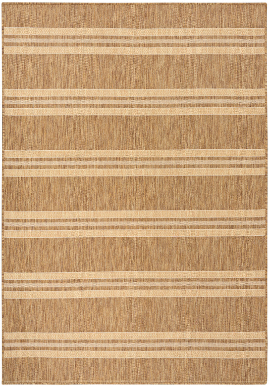 Natural brown jute rug with beige horizontal stripes, flat-weave, rustic style for living room or hallway.