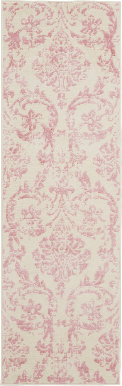 Long ivory runner rug with pink damask pattern, decorative vintage-inspired floor textile.