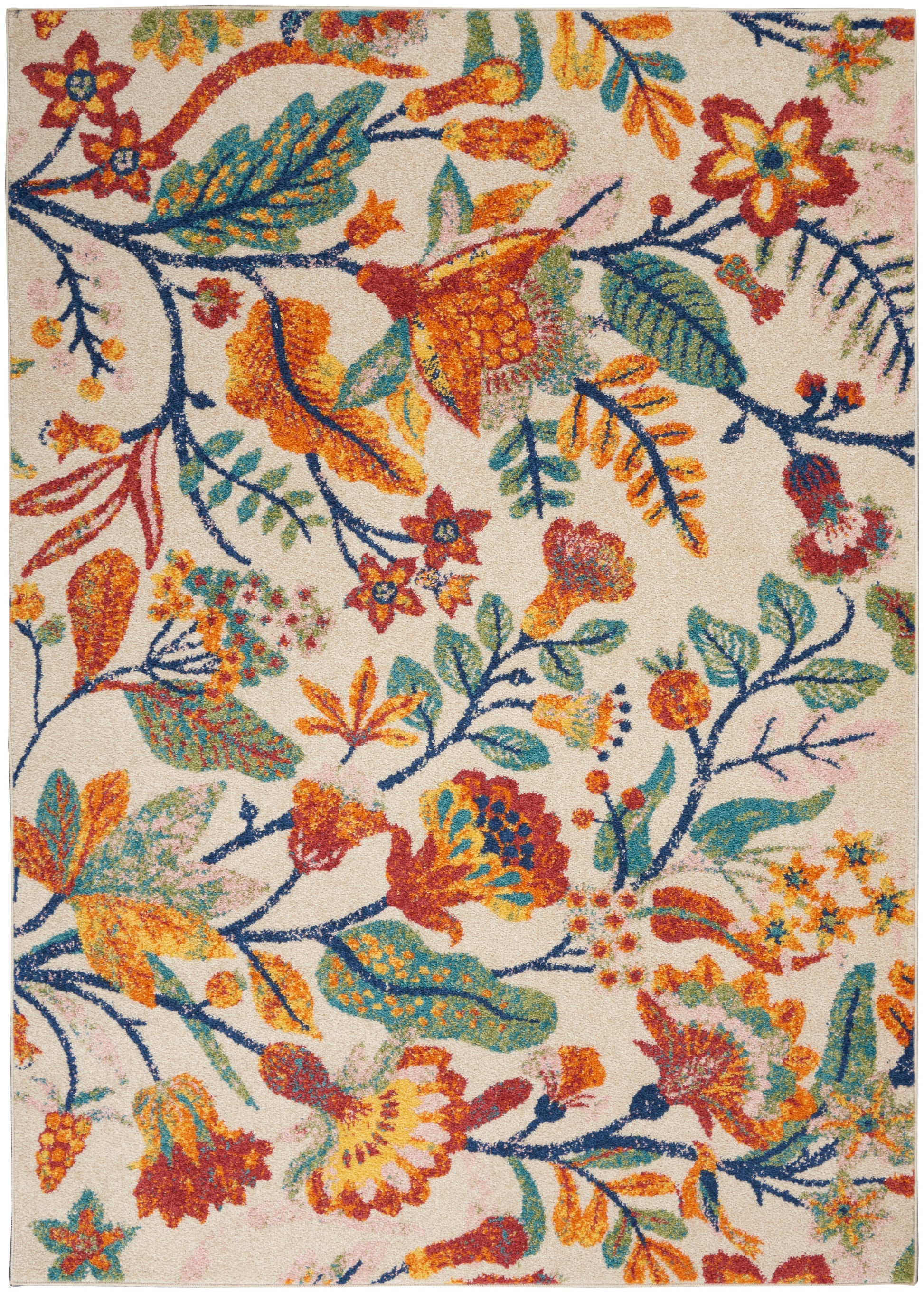 Colorful floral-patterned rug with orange, blue, yellow and green flowers on a cream background.