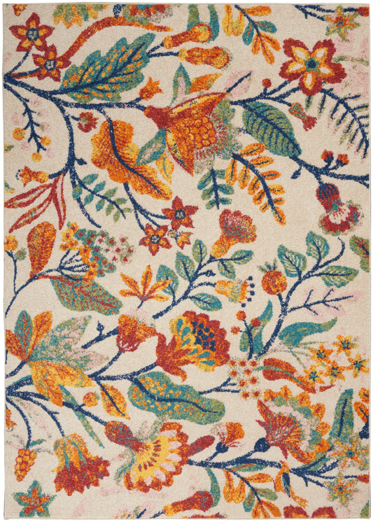 Colorful floral-patterned rug with orange, blue, yellow and green flowers on a cream background.