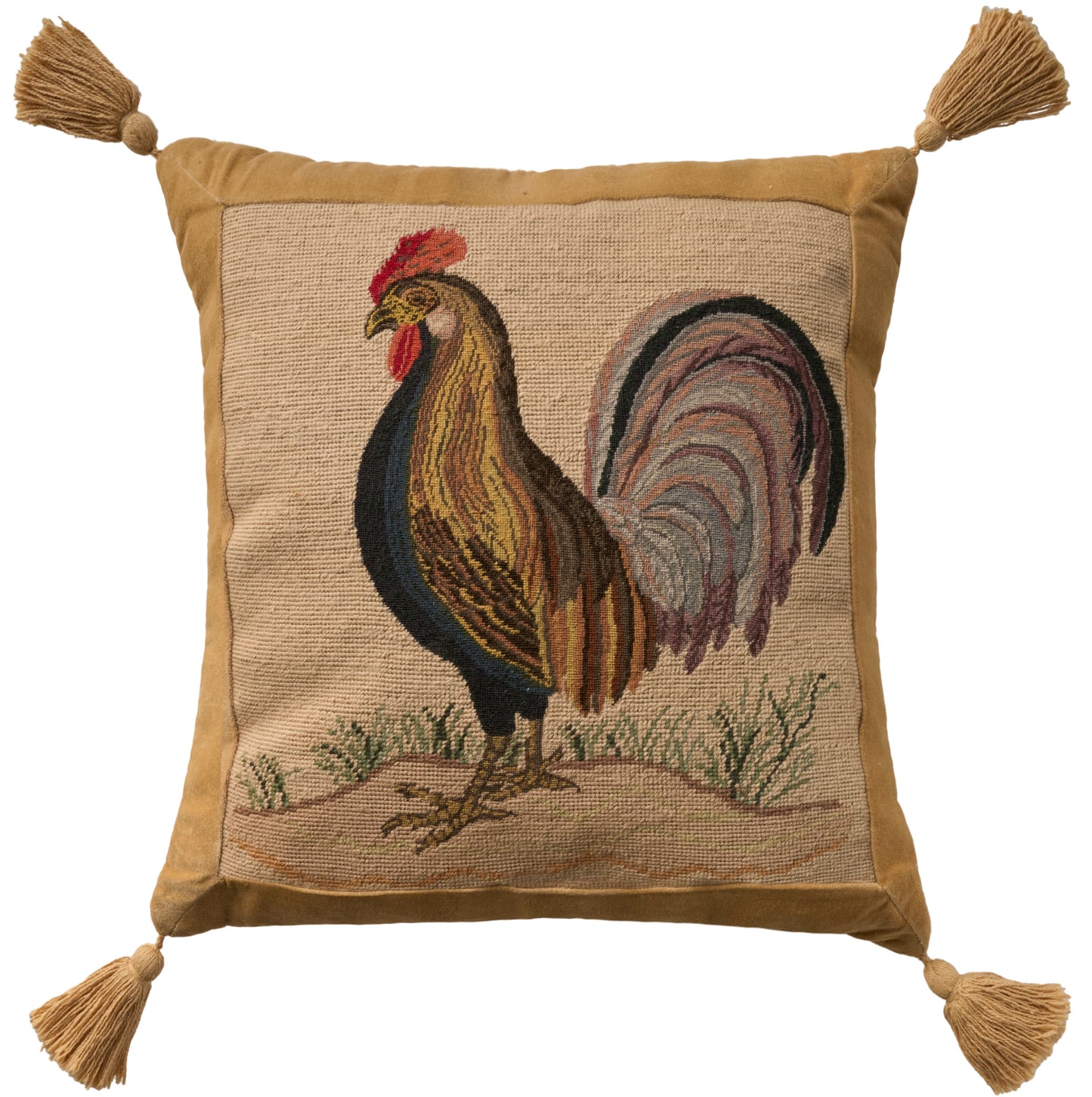 Square throw pillow with a rooster tapestry centerpiece on golden-brown fabric and tassel corners.