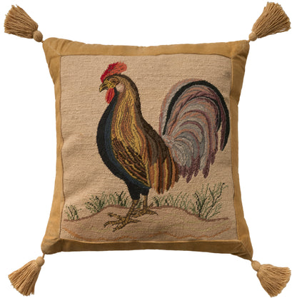 Square throw pillow with a rooster tapestry centerpiece on golden-brown fabric and tassel corners.