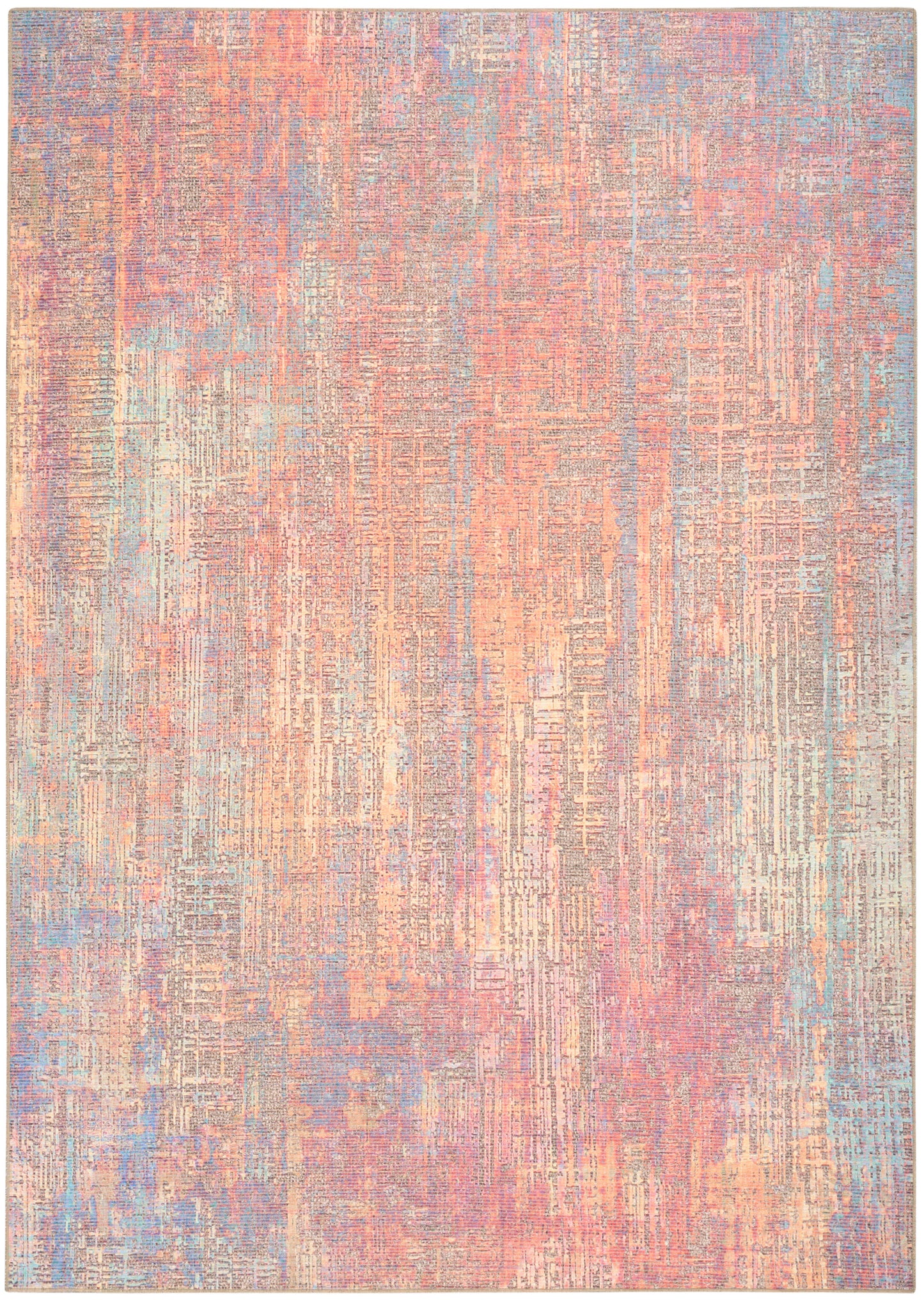 Pastel abstract area rug with peach, pink, lavender, blue and beige; distressed woven look, rectangular living-room rug.